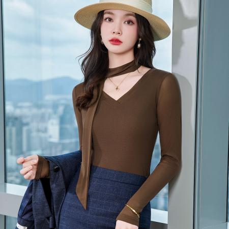 FA44237# 修身显瘦V领打底衫女秋季新款设计感小众气质女神范内搭上衣 服裝批發女裝批發服飾貨源