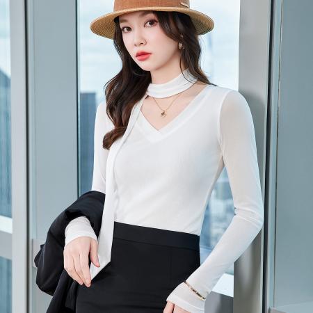 FA44237# 修身显瘦V领打底衫女秋季新款设计感小众气质女神范内搭上衣 服裝批發女裝批發服飾貨源