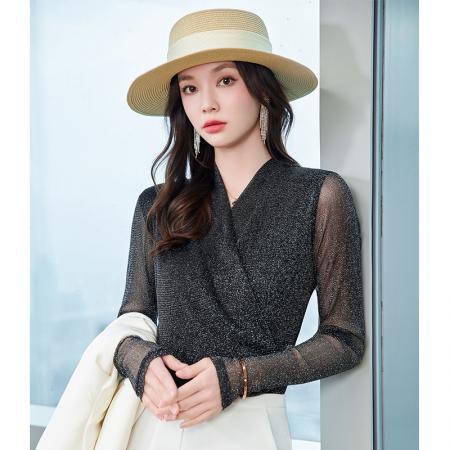 FA44238# 设计感小众气质V领T恤女早秋新款时尚洋气休闲百搭通勤打底衫 服裝批發女裝批發服飾貨源