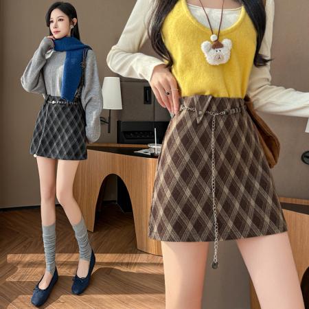 FA44239# 毛呢半身裙女秋冬款链条高腰A字裙显瘦包臀短裙 服裝批發女裝批發服飾貨源