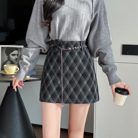 FA44239# 毛呢半身裙女秋冬款链条高腰A字裙显瘦包臀短裙 服裝批發女裝批發服飾貨源