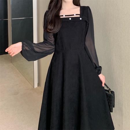 FA44248# 大码黑色拼接连衣裙女早秋新款法式复古显瘦赫本风方领小黑裙 服裝批發女裝批發服飾貨源
