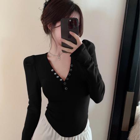 FA44252# 秋冬薄绒辣妹V领泡泡袖修身显瘦打底衫 服裝批發女裝批發服飾貨源