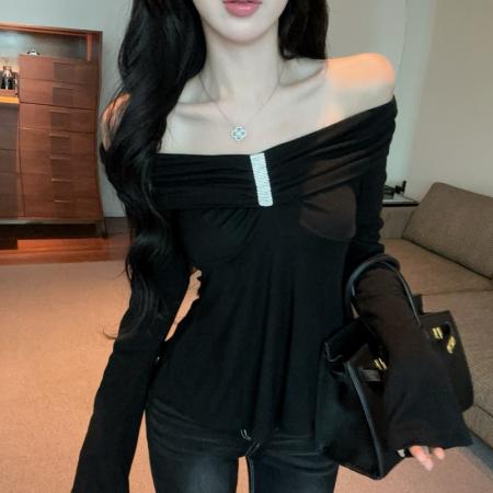 FA44253# 秋季新款韩系时尚性感天鹅颈一字肩上衣打底衫 服裝批發女裝批發服飾貨源