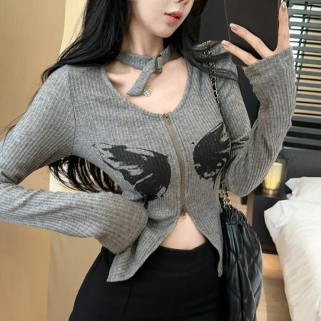 FA44254# 秋季新款纯欲蝴蝶翅膀印花韩版减龄洋气打底衫 服裝批發女裝批發服飾貨源