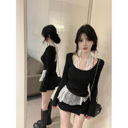 FA44255# 秋冬新款纯欲气质蕾丝挂脖加绒长袖上衣修身打底衫 服裝批發女裝批發服飾貨源