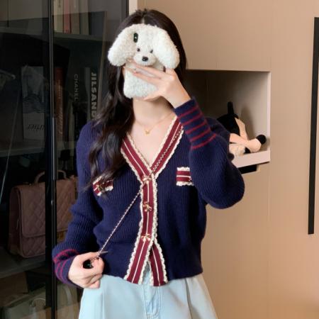 FA44258# 小香风拼接撞色V领加厚保暖针织开衫竖坑条毛衣外套上衣 服裝批發女裝批發服飾貨源