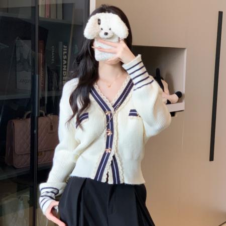 FA44258# 小香风拼接撞色V领加厚保暖针织开衫竖坑条毛衣外套上衣 服裝批發女裝批發服飾貨源