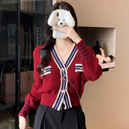FA44258# 小香风拼接撞色V领加厚保暖针织开衫竖坑条毛衣外套上衣 服裝批發女裝批發服飾貨源