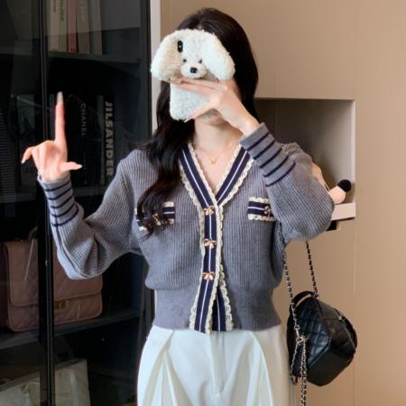 FA44258# 小香风拼接撞色V领加厚保暖针织开衫竖坑条毛衣外套上衣 服裝批發女裝批發服飾貨源