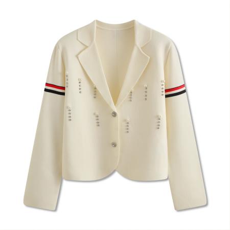 FA44261# 韩版重工钉钻设计感双袖彩杠修身针织开衫女翻领小西装秋冬厚外套 服裝批發女裝批發服飾貨源