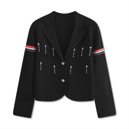 FA44261# 韩版重工钉钻设计感双袖彩杠修身针织开衫女翻领小西装秋冬厚外套 服裝批發女裝批發服飾貨源