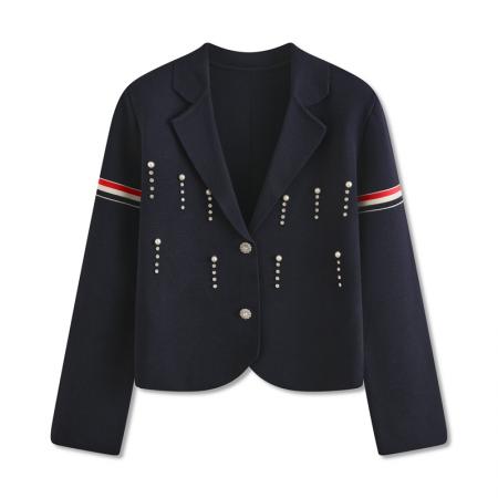 FA44261# 韩版重工钉钻设计感双袖彩杠修身针织开衫女翻领小西装秋冬厚外套 服裝批發女裝批發服飾貨源