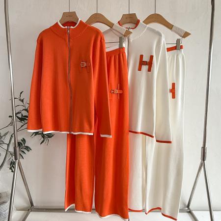 FA44264# 毛织休闲时尚套装拉链圆领上衣针织宽松休闲针织两件套 服裝批發女裝批發服飾貨源