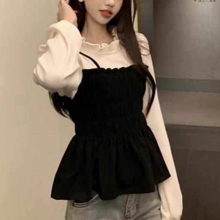 原版做工大码不撞款假两件长袖衬衫女春秋胖mm显瘦遮短款上衣 服裝批發女裝批發服飾貨源