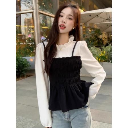 原版做工大码不撞款假两件长袖衬衫女春秋胖mm显瘦遮短款上衣 服裝批發女裝批發服飾貨源