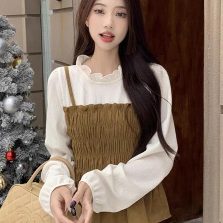 原版做工大码不撞款假两件长袖衬衫女春秋胖mm显瘦遮短款上衣 服裝批發女裝批發服飾貨源