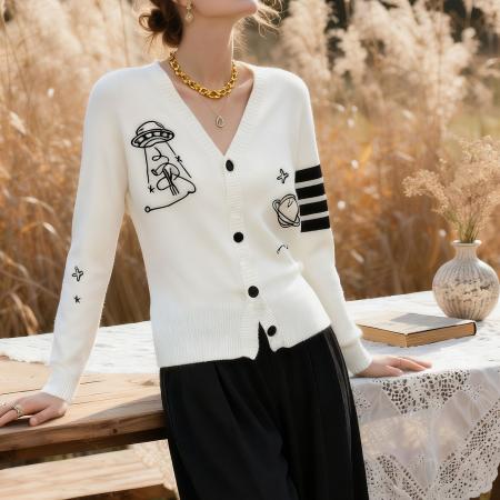 FA44271# 法式白色V领针织开衫女秋冬新款设计感时尚图纹毛衣外套 服裝批發女裝批發服飾貨源