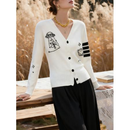FA44271# 法式白色V领针织开衫女秋冬新款设计感时尚图纹毛衣外套 服裝批發女裝批發服飾貨源