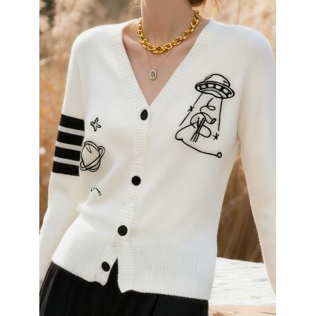 FA44271# 法式白色V领针织开衫女秋冬新款设计感时尚图纹毛衣外套 服裝批發女裝批發服飾貨源