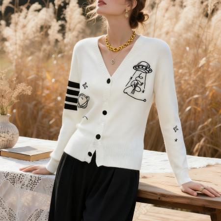 FA44271# 法式白色V领针织开衫女秋冬新款设计感时尚图纹毛衣外套 服裝批發女裝批發服飾貨源