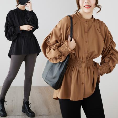 港风设计感精致泡泡袖褶皱衬衫纯色显瘦百搭上衣女潮 服裝批發女裝批發服飾貨源