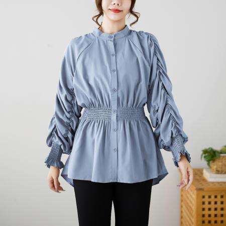 港风设计感精致泡泡袖褶皱衬衫纯色显瘦百搭上衣女潮 服裝批發女裝批發服飾貨源