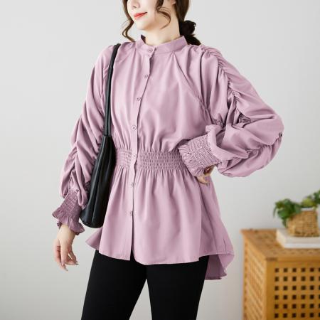 港风设计感精致泡泡袖褶皱衬衫纯色显瘦百搭上衣女潮 服裝批發女裝批發服飾貨源