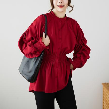 港风设计感精致泡泡袖褶皱衬衫纯色显瘦百搭上衣女潮 服裝批發女裝批發服飾貨源