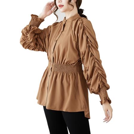 港风设计感精致泡泡袖褶皱衬衫纯色显瘦百搭上衣女潮 服裝批發女裝批發服飾貨源