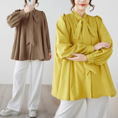 FA44275# 文艺简约气质纯色大码衬衫别致系带宽松百搭上衣女潮 服裝批發女裝批發服飾貨源