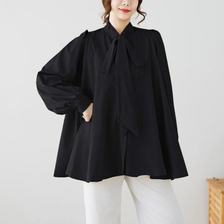 FA44275# 文艺简约气质纯色大码衬衫别致系带宽松百搭上衣女潮 服裝批發女裝批發服飾貨源