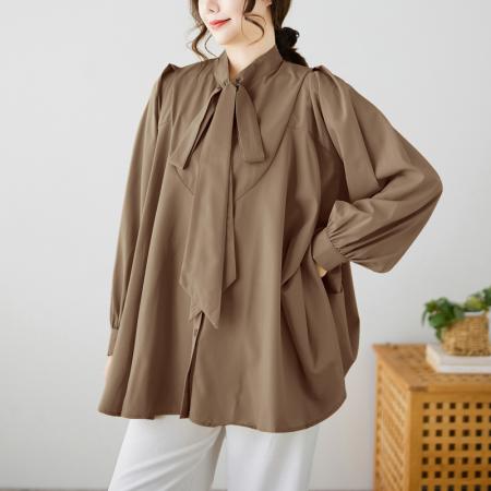 FA44275# 文艺简约气质纯色大码衬衫别致系带宽松百搭上衣女潮 服裝批發女裝批發服飾貨源