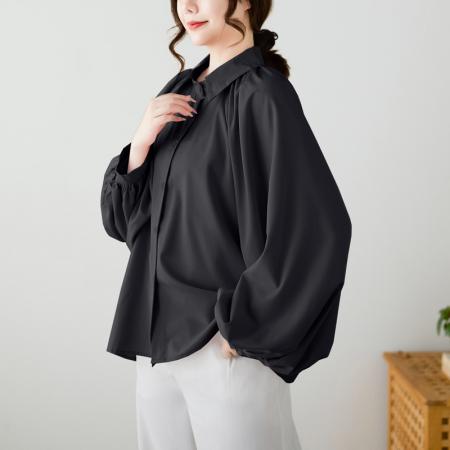 FA44276# 文艺简约蝙蝠袖纯色大码衬衫精致翻领宽松百搭上衣女潮 服裝批發女裝批發服飾貨源