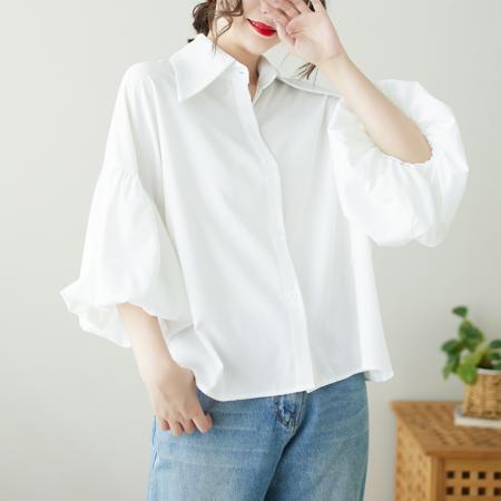 韩版个性花苞袖翻领衬衫百搭藏肉大码简约纯色上衣女潮 服裝批發女裝批發服飾貨源