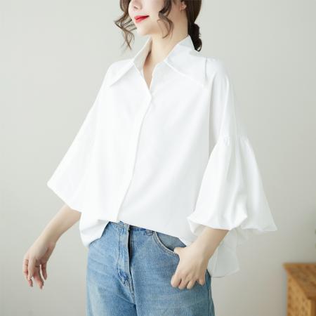 韩版个性花苞袖翻领衬衫百搭藏肉大码简约纯色上衣女潮 服裝批發女裝批發服飾貨源