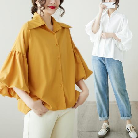 韩版个性花苞袖翻领衬衫百搭藏肉大码简约纯色上衣女潮 服裝批發女裝批發服飾貨源