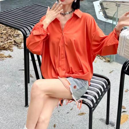 FA44280# 极简风纯色翻领长袖衬衫宽松遮肉设计别致休闲气质上衣 服裝批發女裝批發服飾貨源