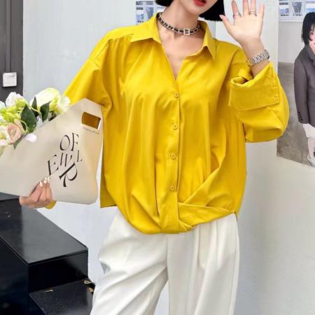 FA44280# 极简风纯色翻领长袖衬衫宽松遮肉设计别致休闲气质上衣 服裝批發女裝批發服飾貨源