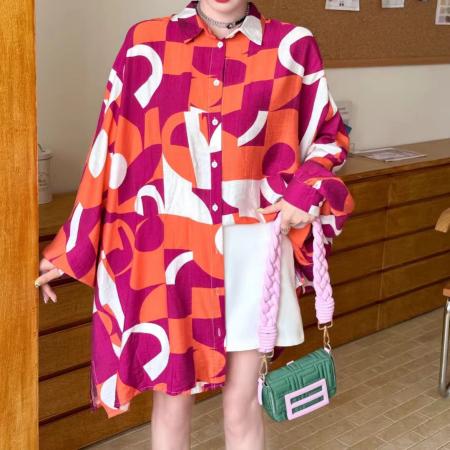 欧美洋气上衣秋慵懒风小众休闲宽松灯笼袖印花单排扣衬衫 服裝批發女裝批發服飾貨源