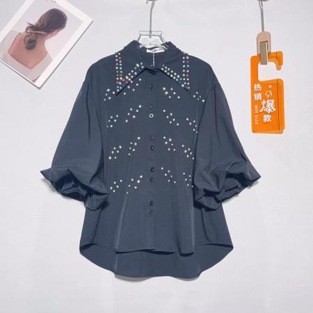 蓝色灯笼袖防晒衬衫大码设计感重工镶钻上衣七分袖衬衣 服裝批發女裝批發服飾貨源