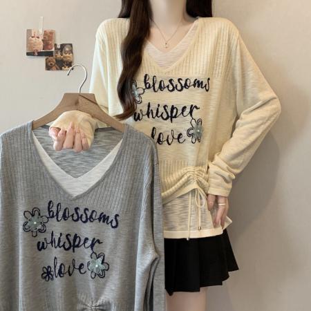 大码韩系别致针织衫女秋新款字母印花V领假两件抽绳上衣 服裝批發女裝批發服飾貨源