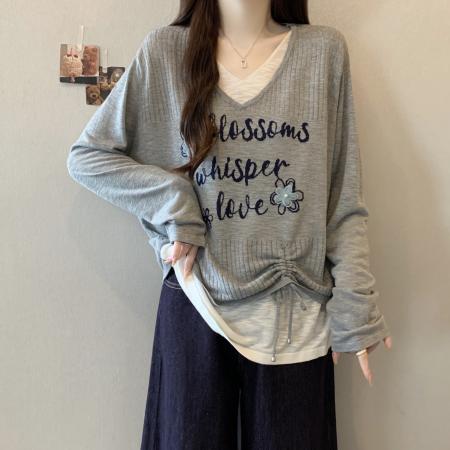 大码韩系别致针织衫女秋新款字母印花V领假两件抽绳上衣 服裝批發女裝批發服飾貨源