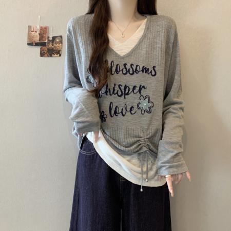 大码韩系别致针织衫女秋新款字母印花V领假两件抽绳上衣 服裝批發女裝批發服飾貨源