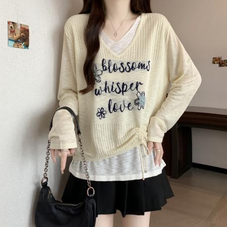 大码韩系别致针织衫女秋新款字母印花V领假两件抽绳上衣 服裝批發女裝批發服飾貨源