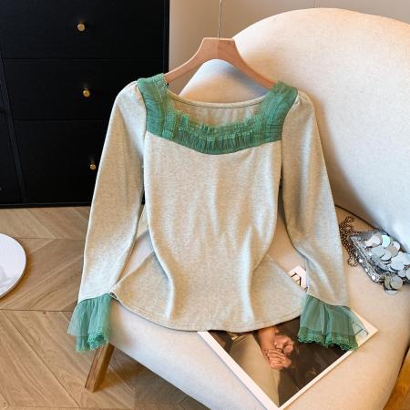 FA44290# 温柔风蕾丝边方领长袖t恤女秋季小个子遮肉显瘦上衣 服裝批發女裝批發服飾貨源