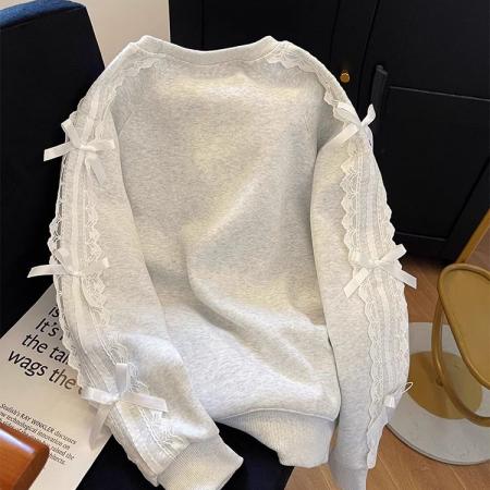 华棉复浅灰色钉珠蝴蝶结套头卫衣百搭小众蕾丝拼接上衣 服裝批發女裝批發服飾貨源