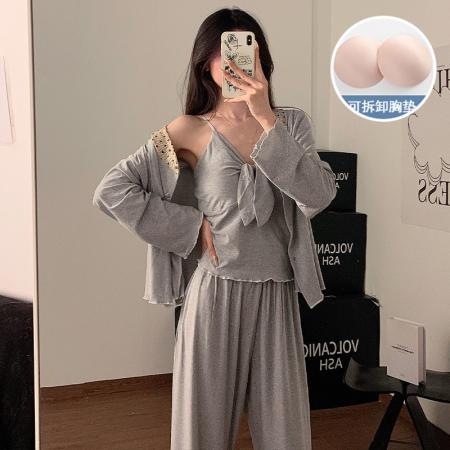 FA44297# 春秋季新款仿棉睡衣女性感吊带三件套长裤带胸垫家居服套装 服裝批發女裝批發服飾貨源