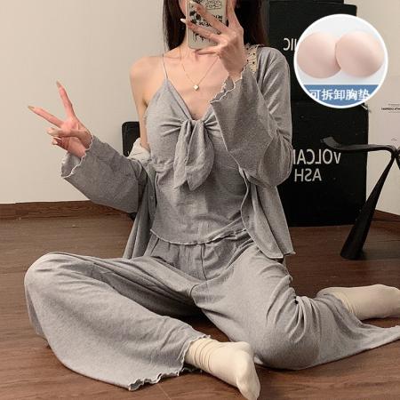FA44297# 春秋季新款仿棉睡衣女性感吊带三件套长裤带胸垫家居服套装 服裝批發女裝批發服飾貨源