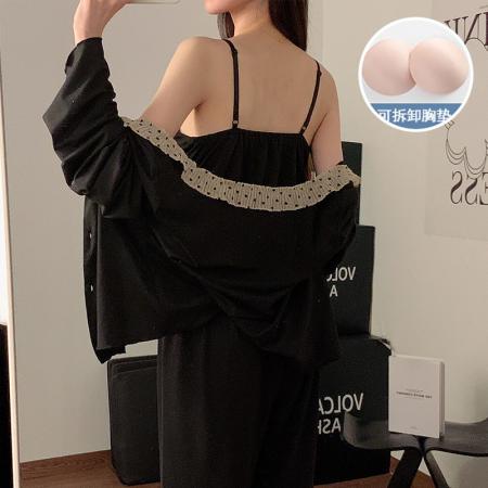 FA44297# 春秋季新款仿棉睡衣女性感吊带三件套长裤带胸垫家居服套装 服裝批發女裝批發服飾貨源